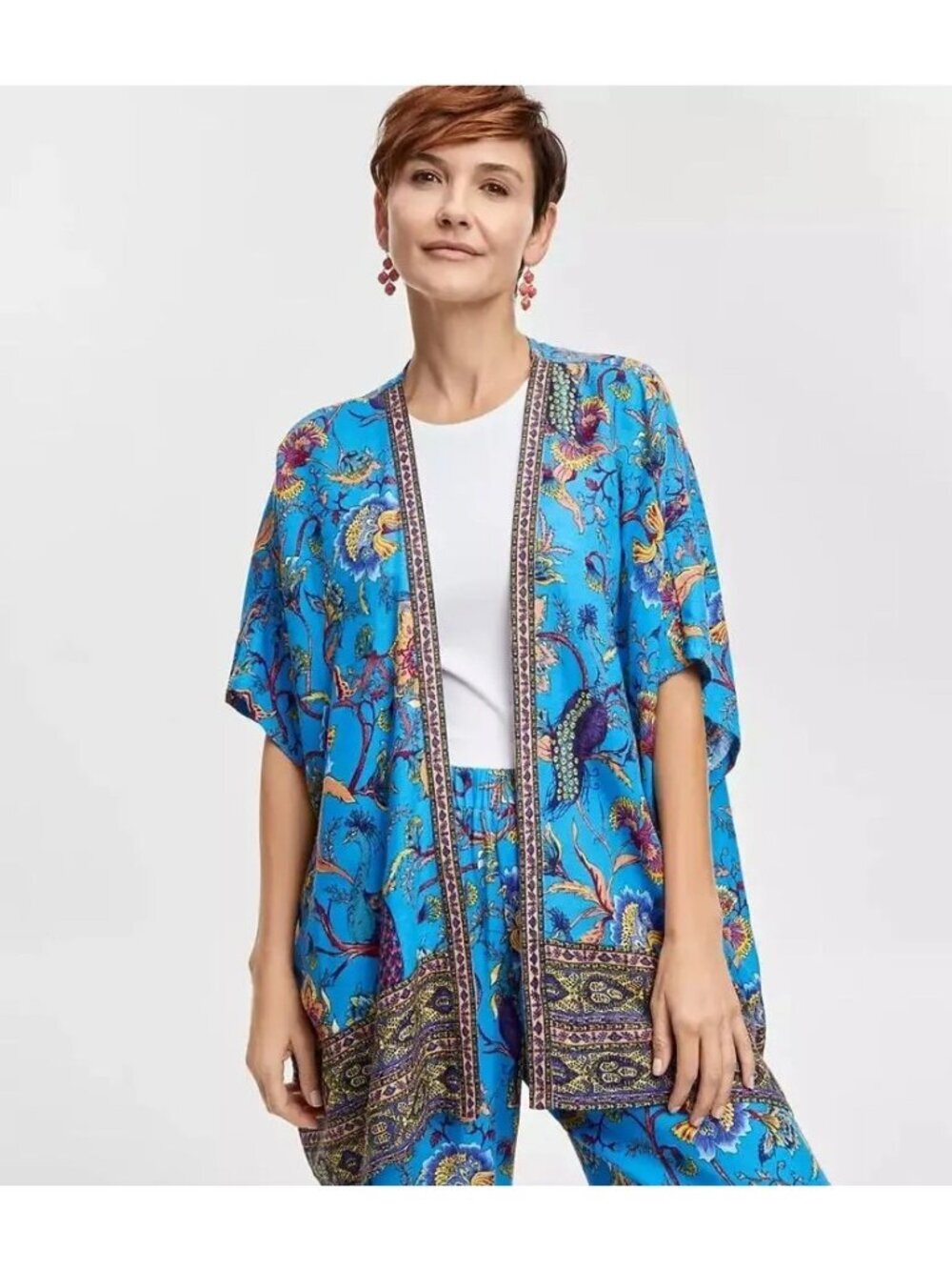 JM Collection Womens Linen Blend Aqua Floral Kimono Cardigan Size S